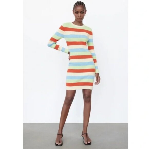 NWT ZARA Ribbed Knit Multicolor Striped Fitted Long Sleeved Dress - Picture 2 of 12